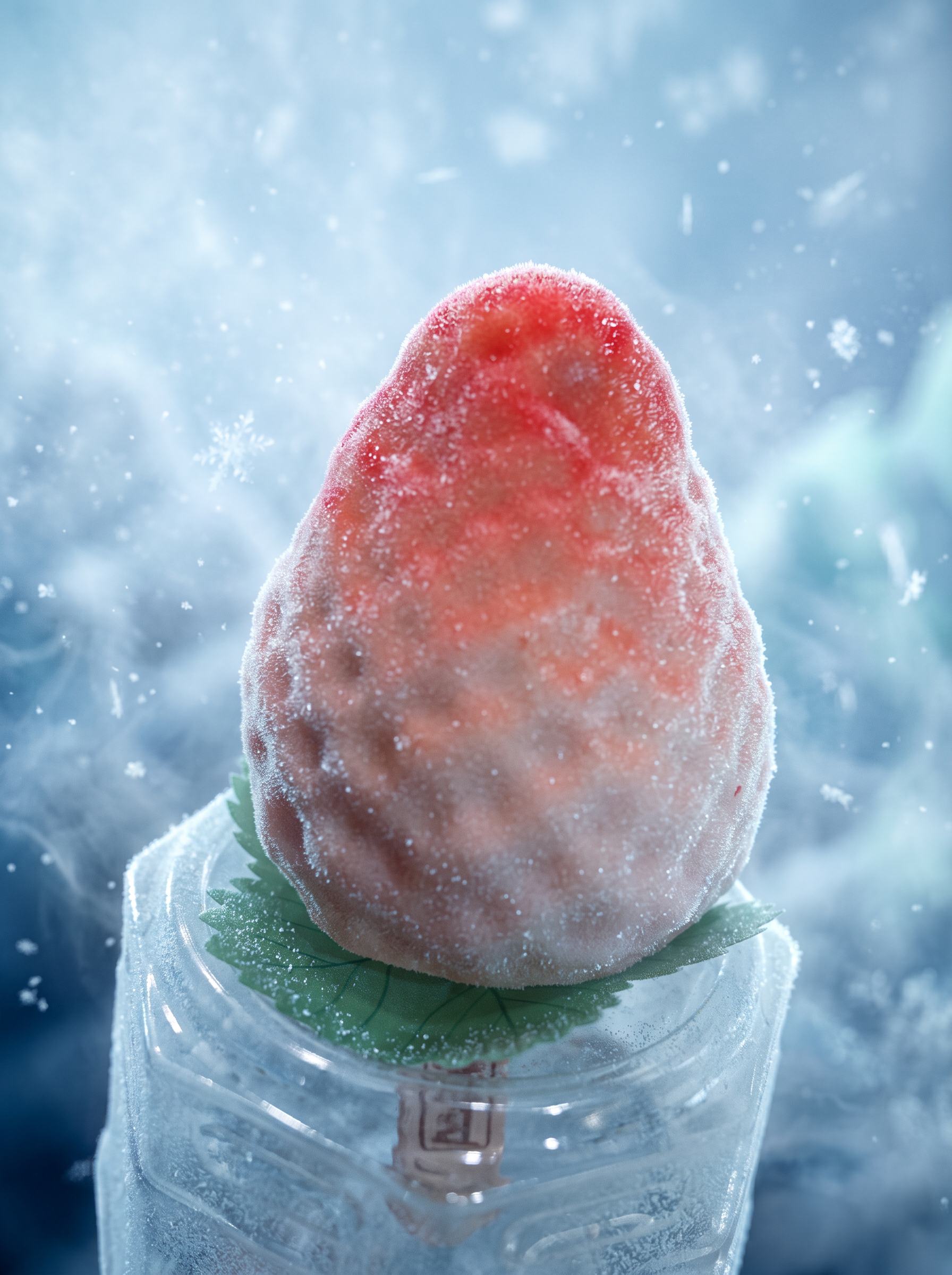 Strawberry shaped ice cream treat on a frosty icy background